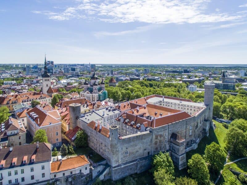 Aerial view of Tallinn Old Town, with medieval walls and the modern city behind