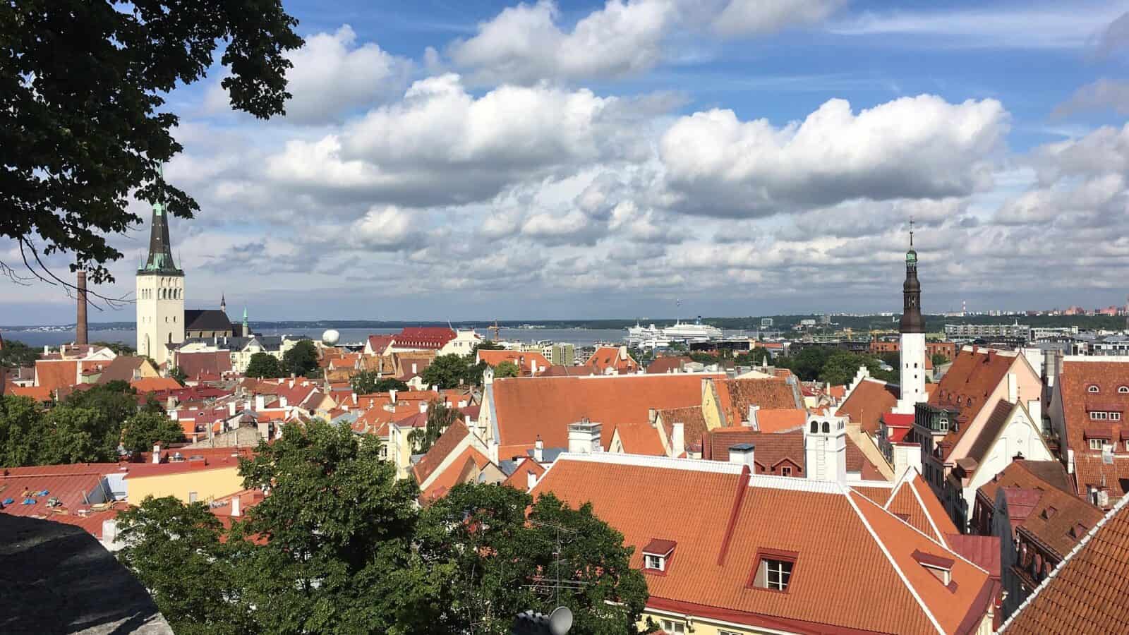 Historic Estonian cityscape with red rooftops and prominent churches.